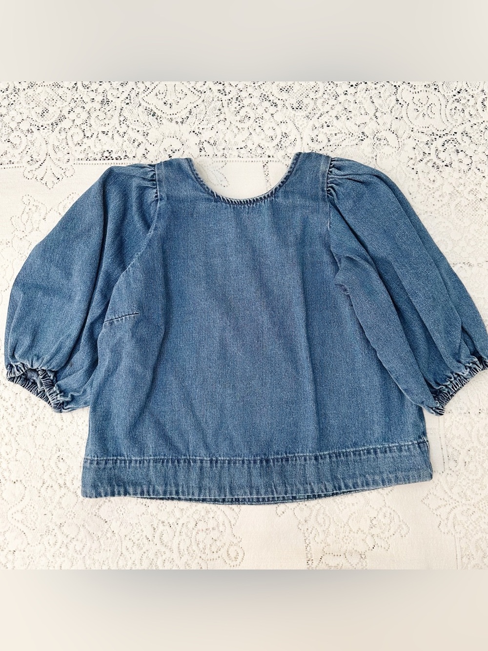 Zara Balloon Sleeve Denim Top Blouse Size Medium Scoop Neck Low Back 100% Cotton